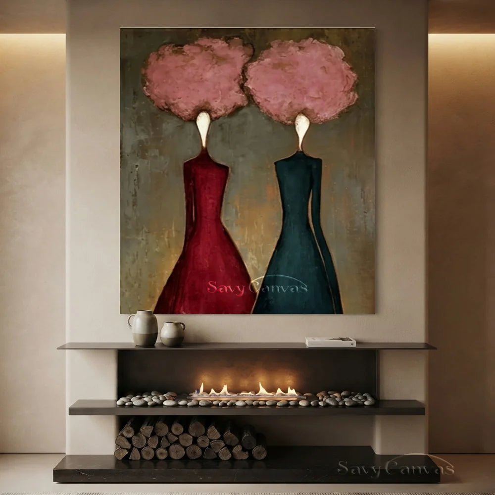 Pink Floral and Burgundy Abstract Figures Art #SS 289