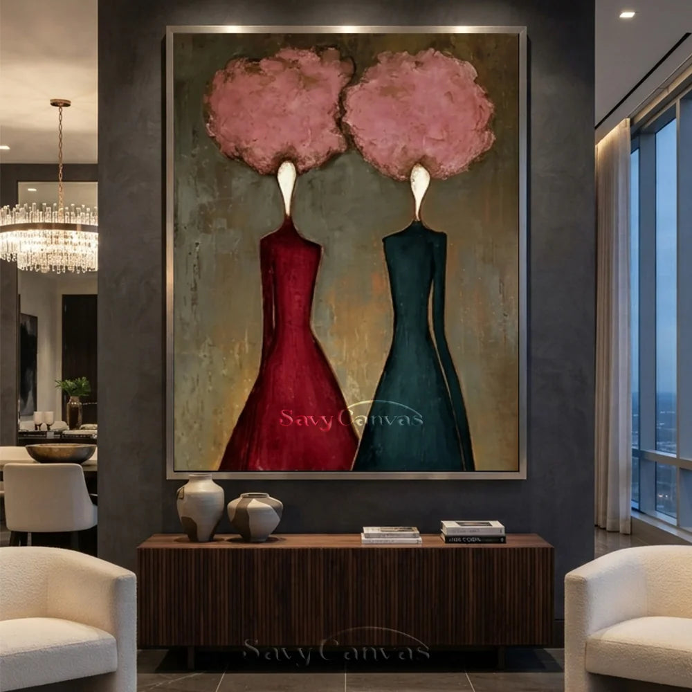 Pink Floral and Burgundy Abstract Figures Art #SS 289