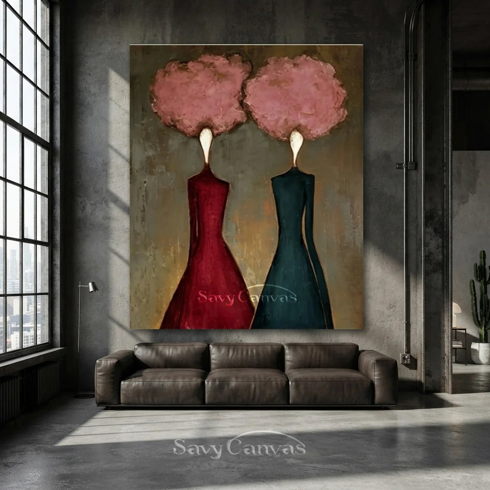 Pink Floral and Burgundy Abstract Figures Art #SS 289