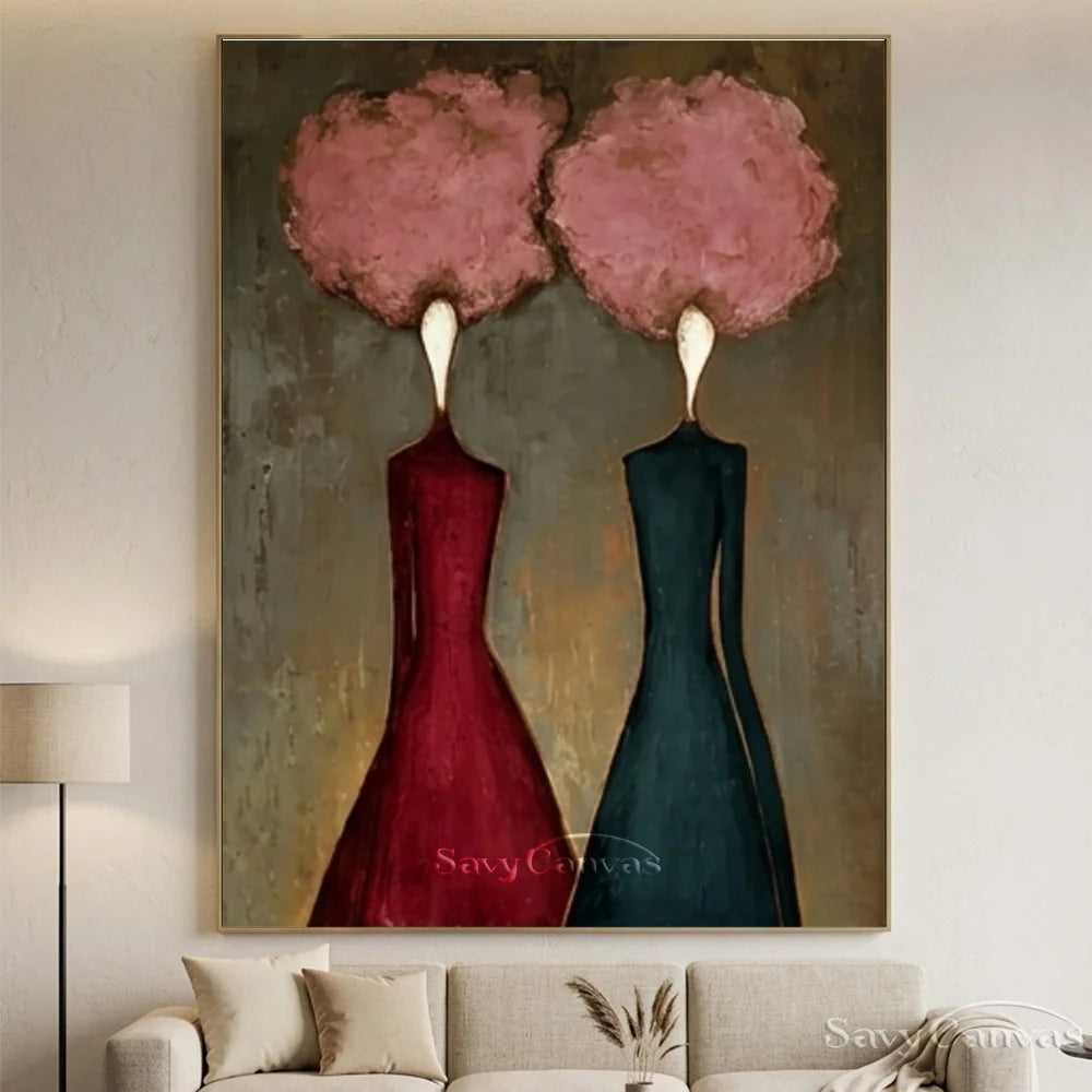 Pink Floral and Burgundy Abstract Figures Art #SS 289