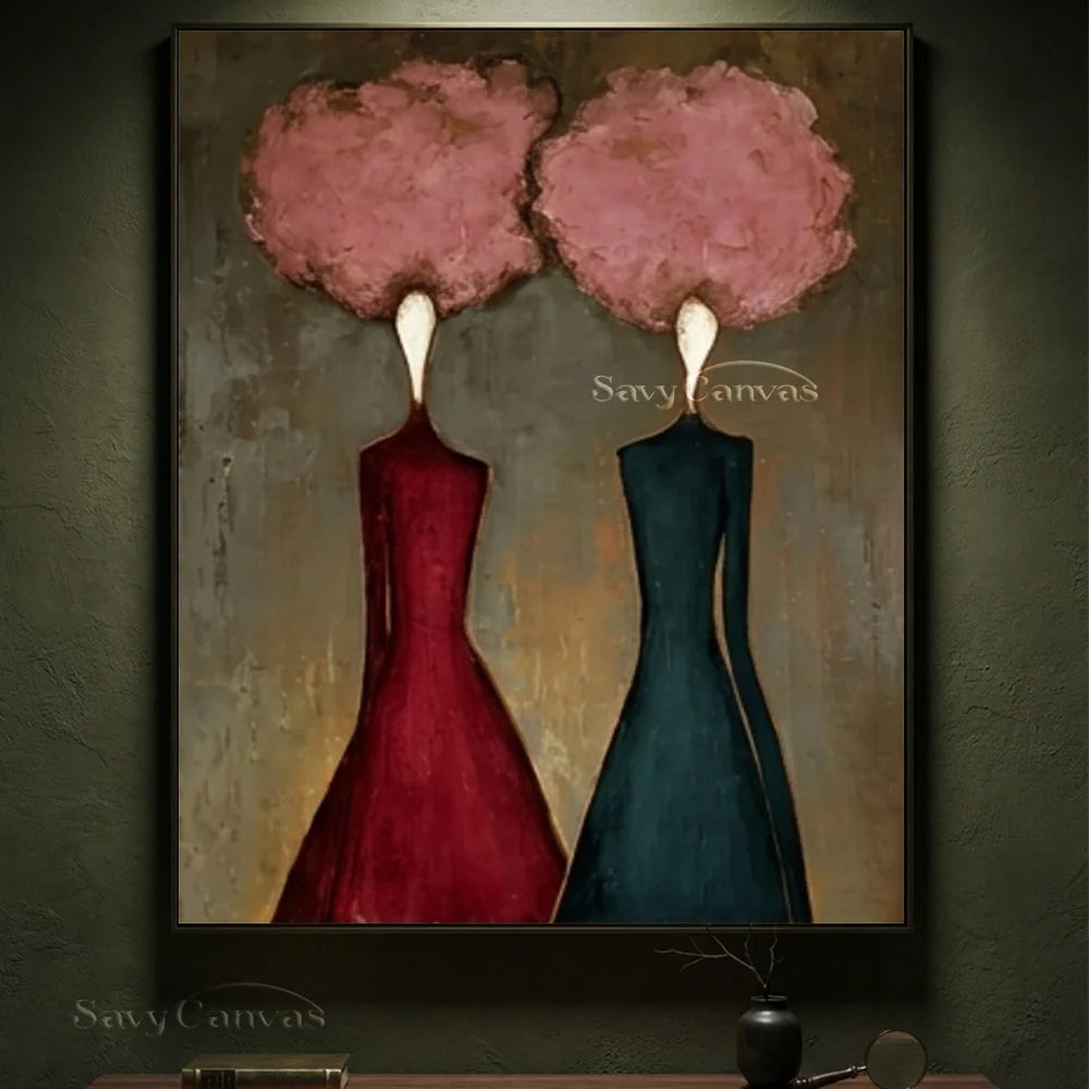 Pink Floral and Burgundy Abstract Figures Art #SS 289
