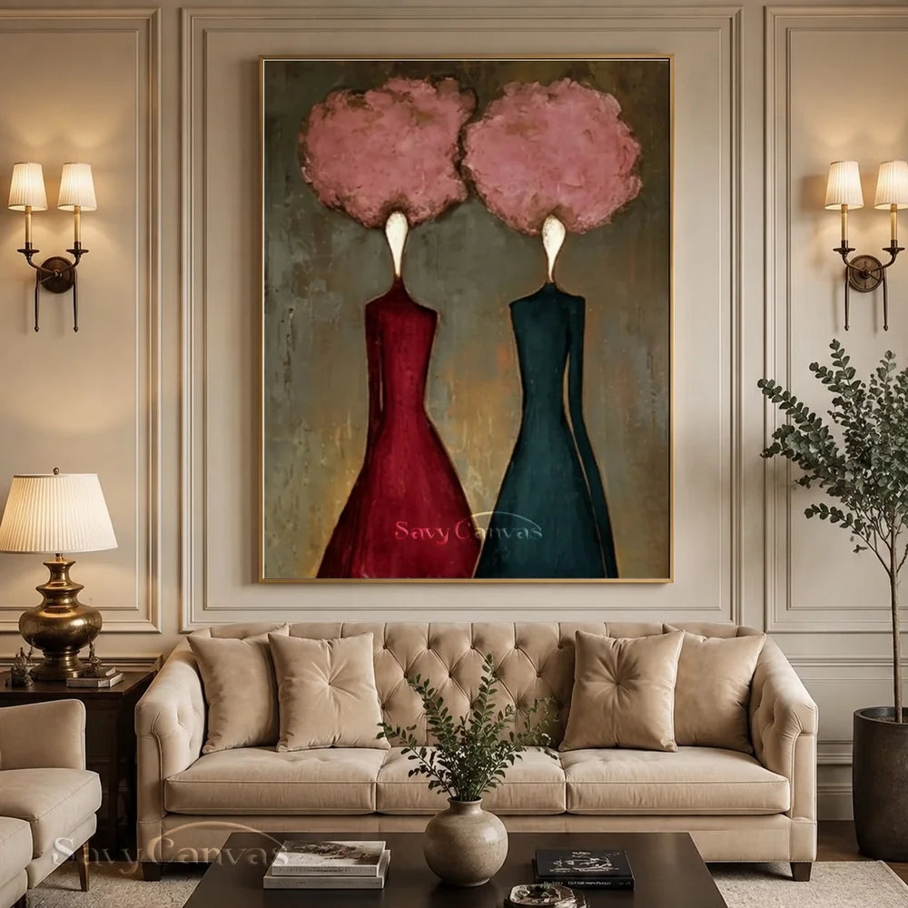 Pink Floral and Burgundy Abstract Figures Art #SS 289