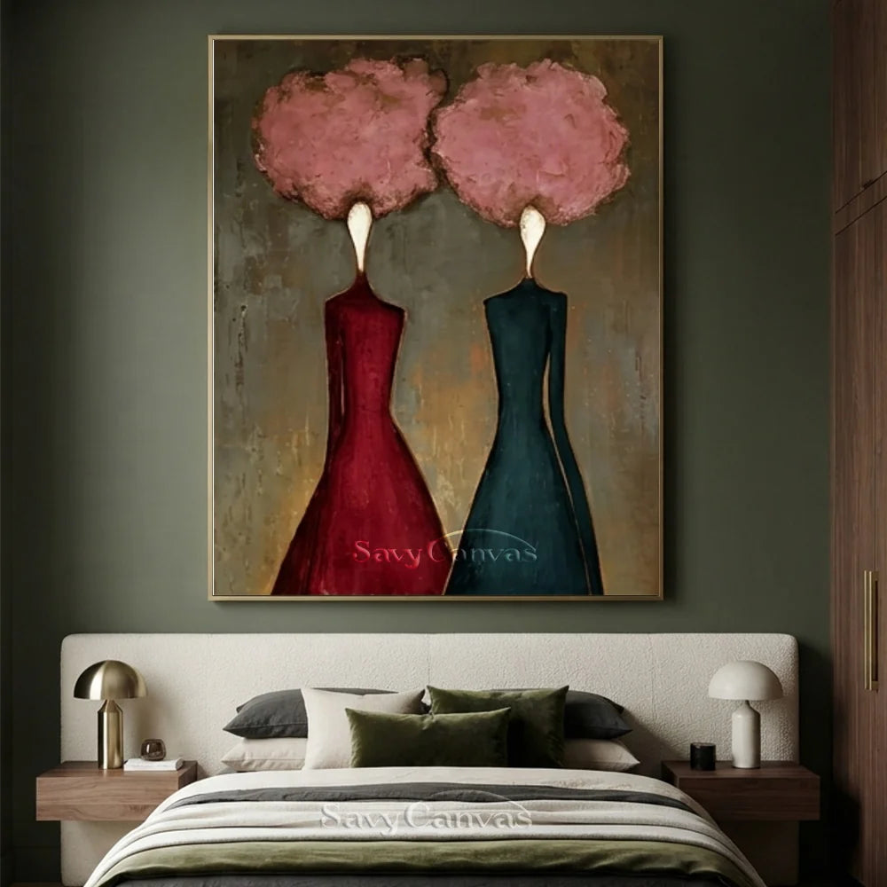 Pink Floral and Burgundy Abstract Figures Art #SS 289
