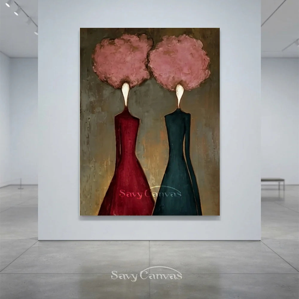 Pink Floral and Burgundy Abstract Figures Art #SS 289