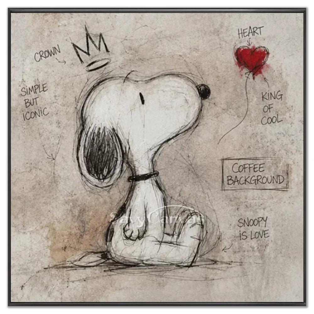 Hand-painted pop art modernism graffiti Snoopy oil painting on canvas by Savy Canvas, featuring the iconic Snoopy character with a crown and red heart against a chic coffee-toned sketch background. Urban street art wall decor, ready to hang.