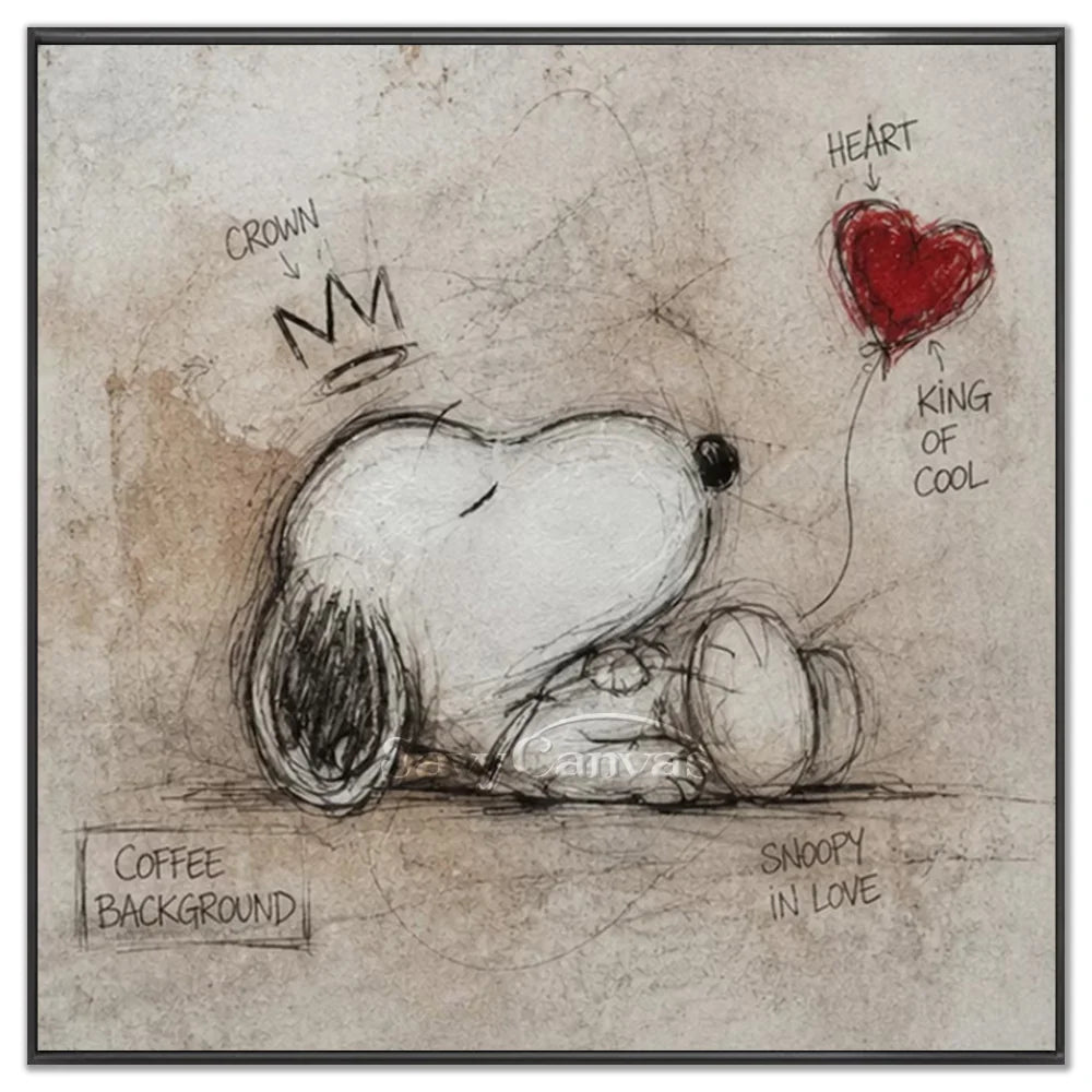Hand-painted pop art modernism graffiti sleeping Snoopy oil painting on canvas by Savy Canvas, featuring the iconic Snoopy character resting with a crown and red heart against a chic coffee-toned sketch background. Urban street art wall decor, ready to hang.