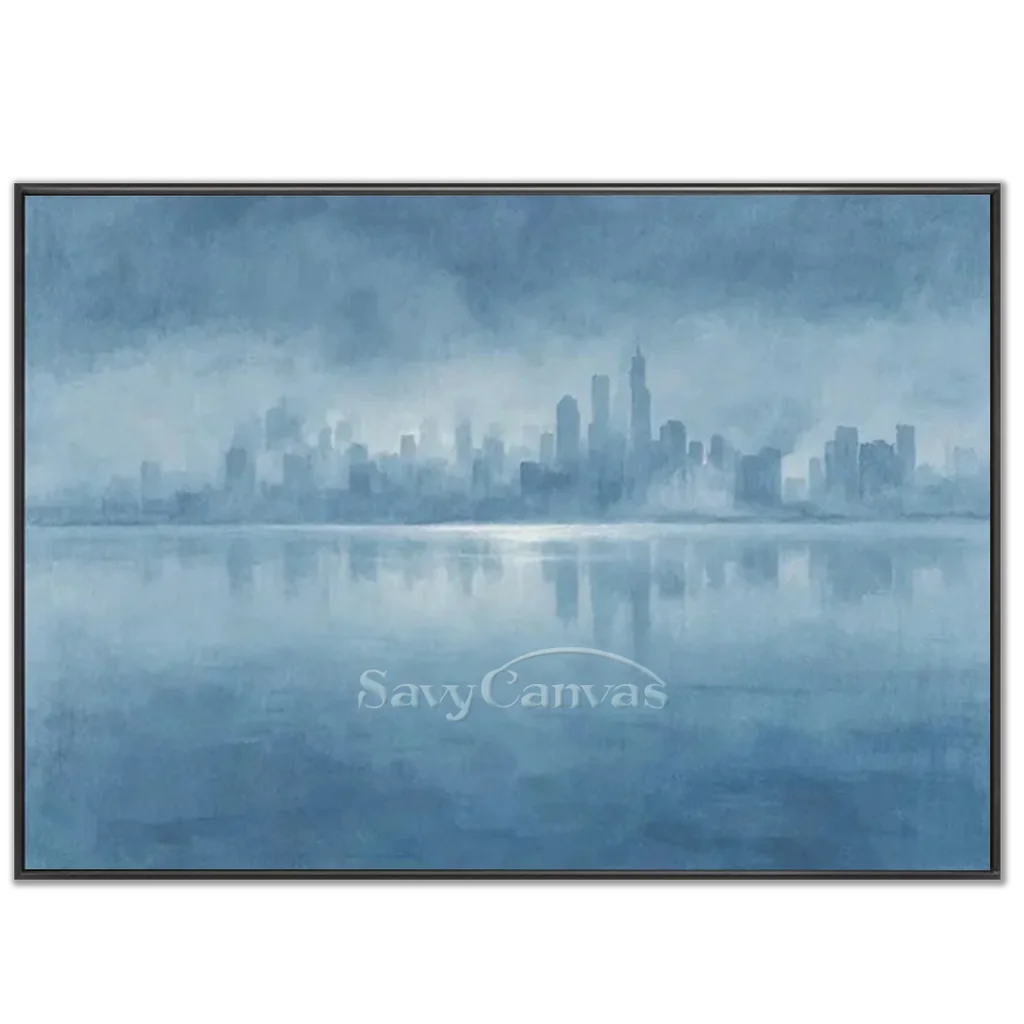 Hand Painted Blue Abstract Cityscape Skyline Canvas Oil Painting #ZC 65