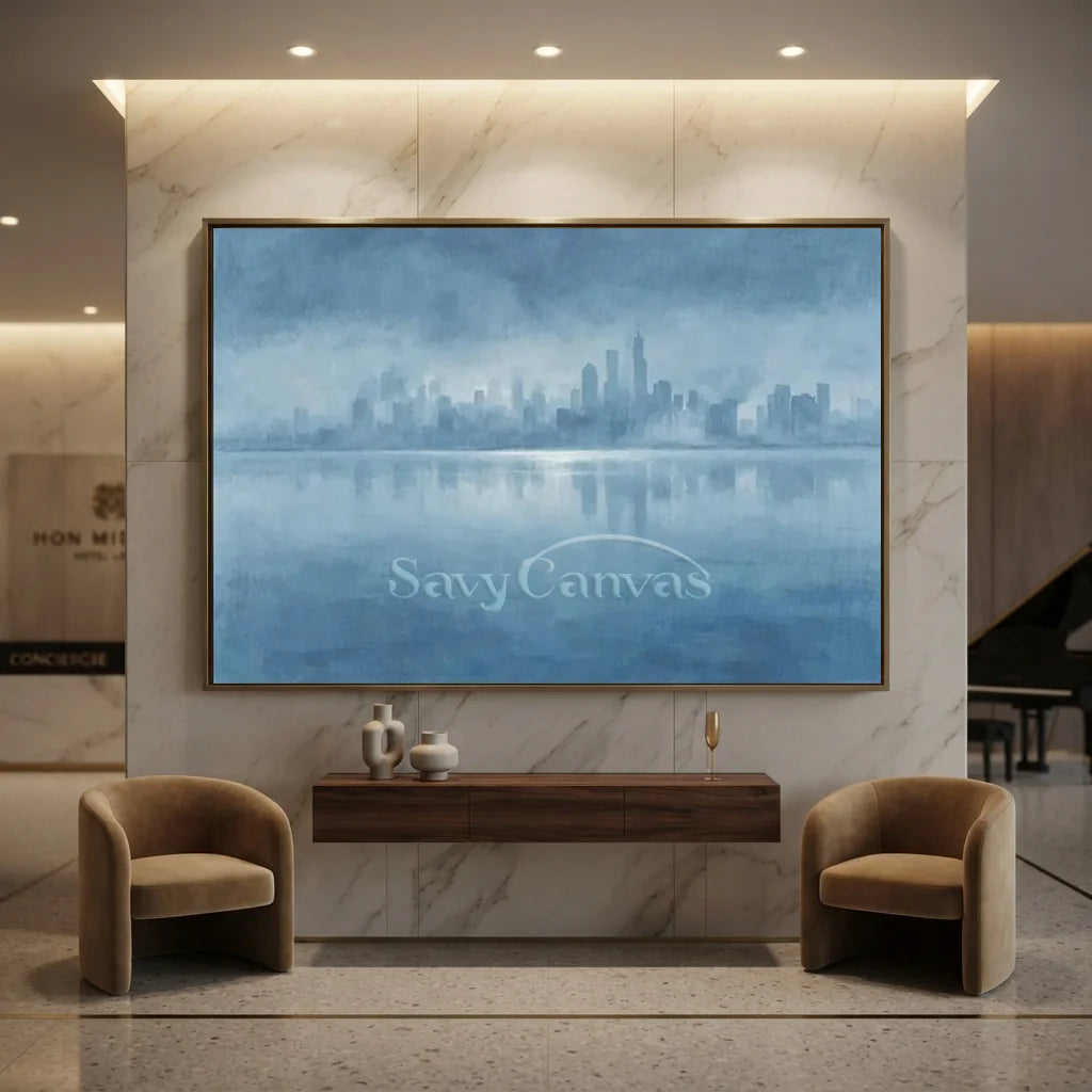 Hand Painted Blue Abstract Cityscape Skyline Canvas Oil Painting #ZC 65