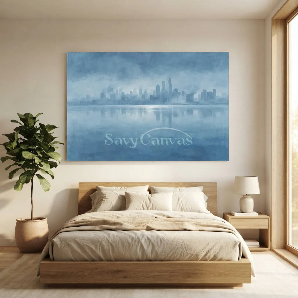 Hand Painted Blue Abstract Cityscape Skyline Canvas Oil Painting #ZC 65