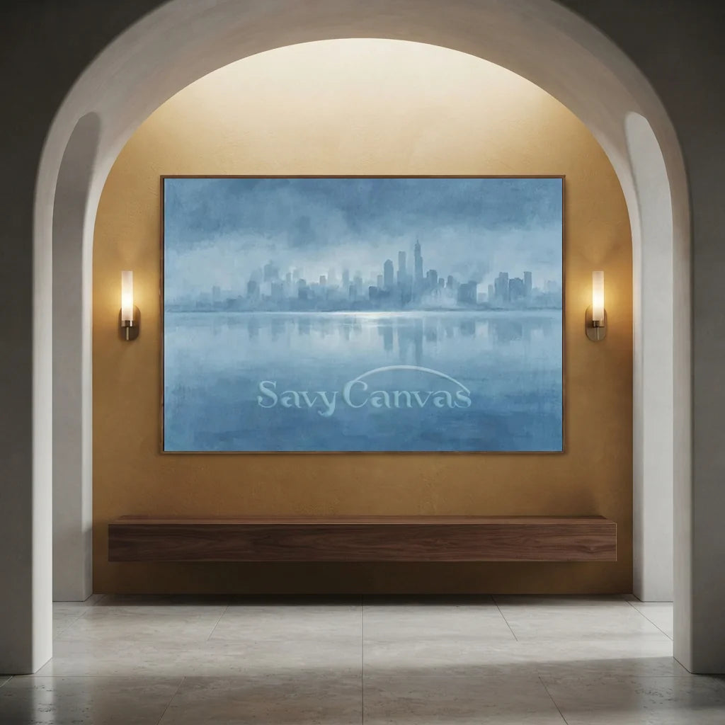 Hand Painted Blue Abstract Cityscape Skyline Canvas Oil Painting #ZC 65