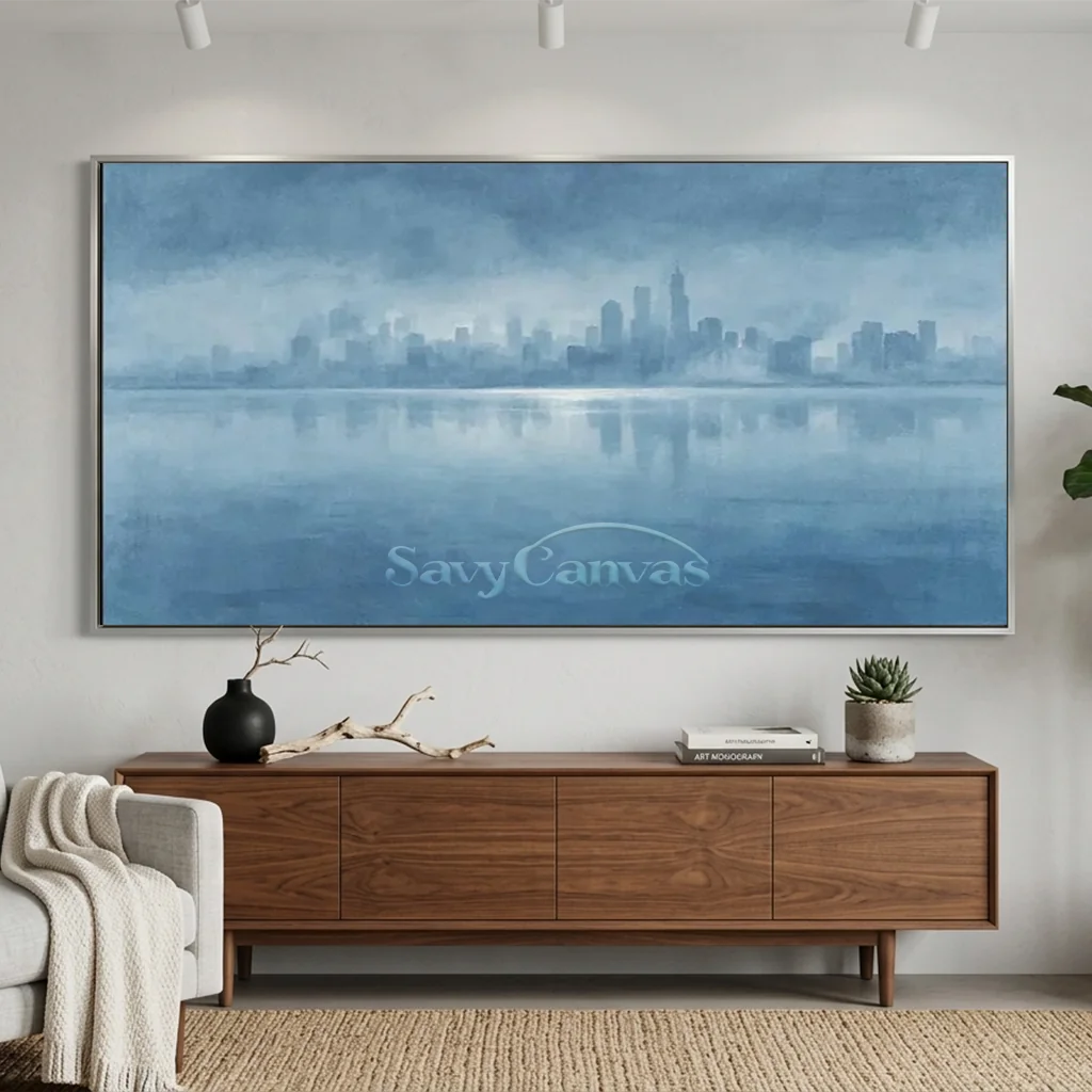 Hand Painted Blue Abstract Cityscape Skyline Canvas Oil Painting #ZC 65