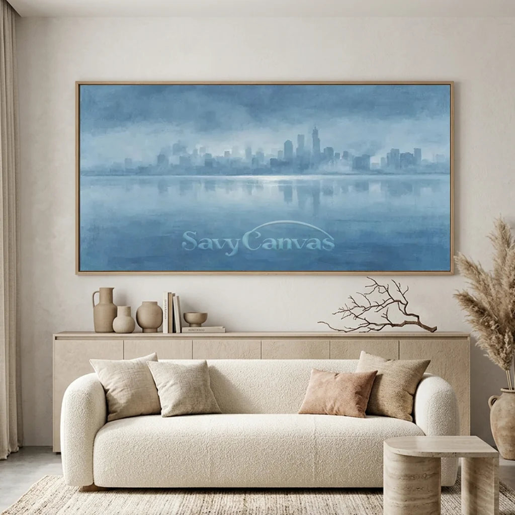 Hand Painted Blue Abstract Cityscape Skyline Canvas Oil Painting #ZC 65