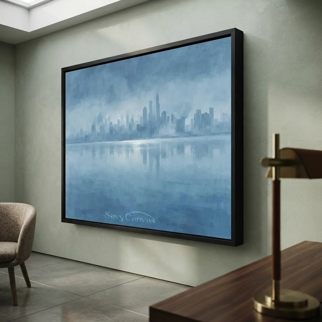 Hand Painted Blue Abstract Cityscape Skyline Canvas Oil Painting #ZC 65