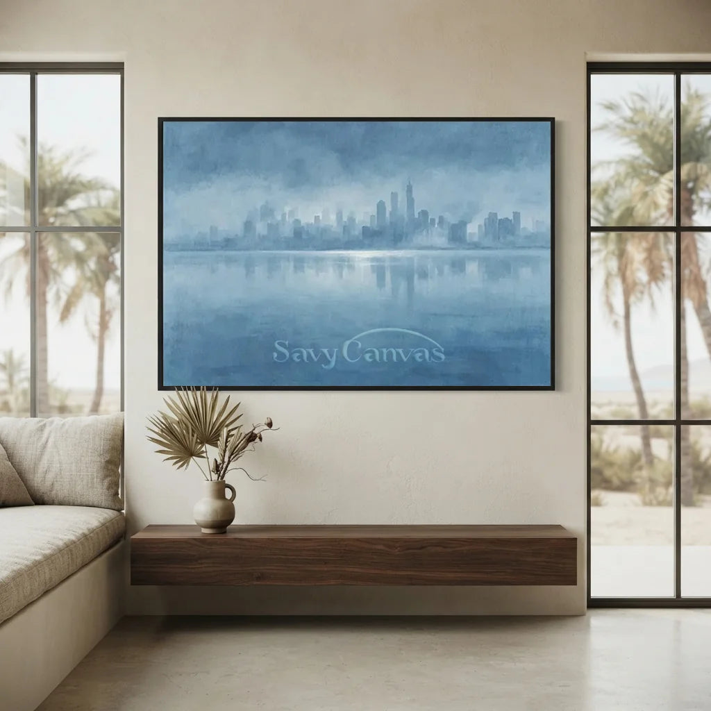 Hand Painted Blue Abstract Cityscape Skyline Canvas Oil Painting #ZC 65