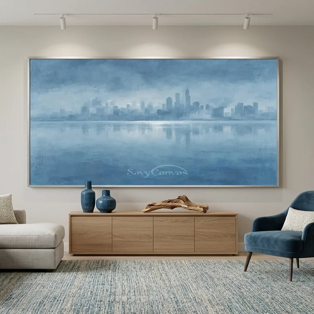 Hand Painted Blue Abstract Cityscape Skyline Canvas Oil Painting #ZC 65