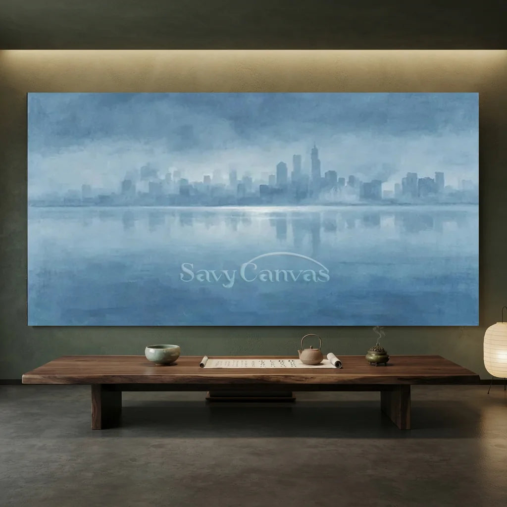 Hand Painted Blue Abstract Cityscape Skyline Canvas Oil Painting #ZC 65