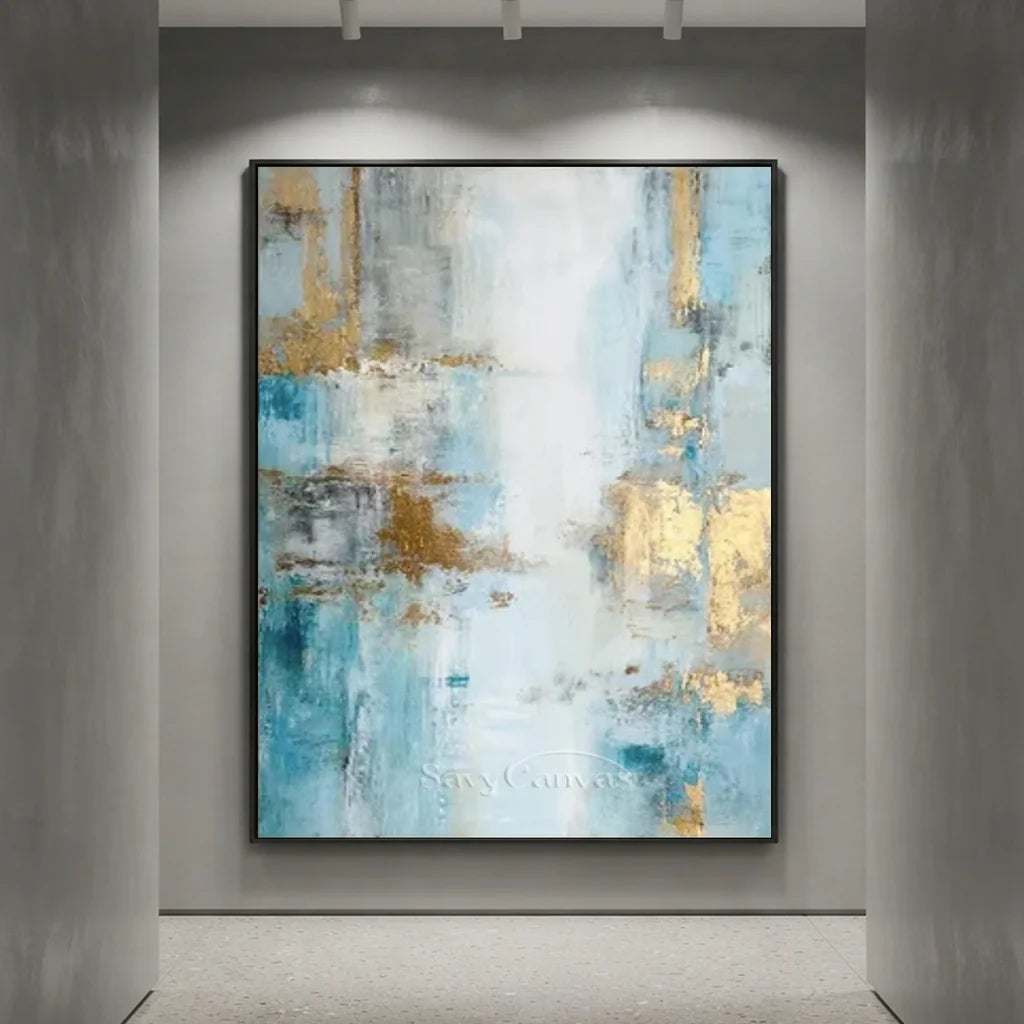 Handpainted Blue & Gold Foil Abstract Oil Painting #ZC 41