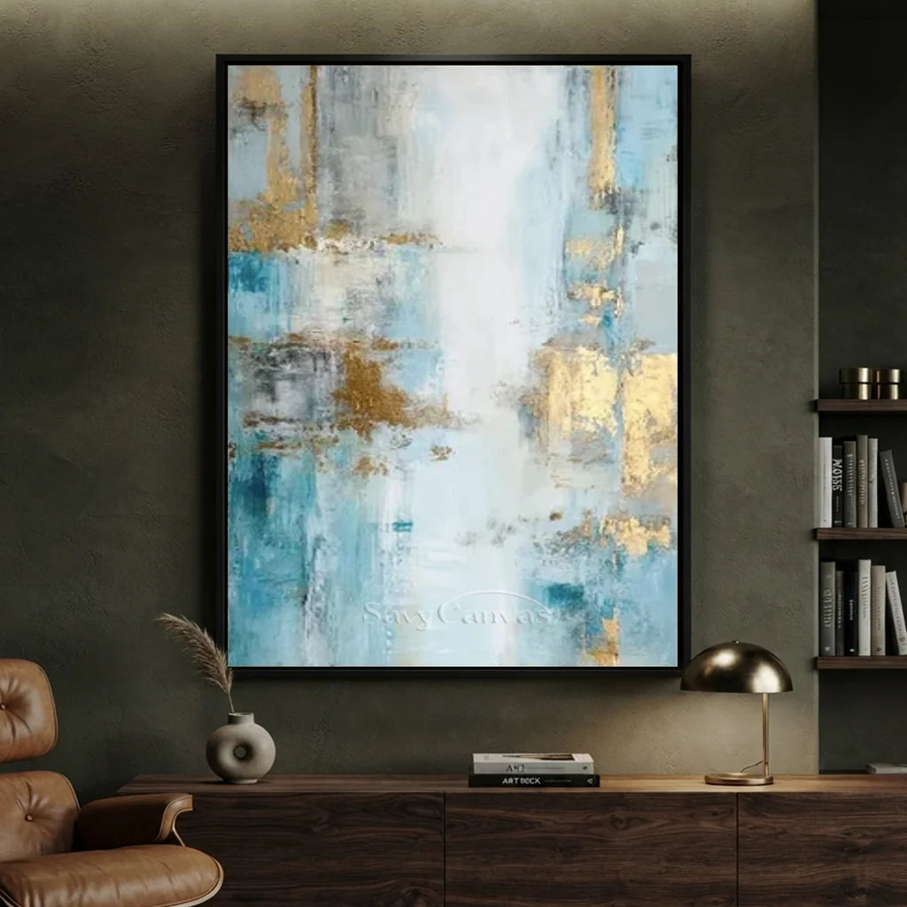 Handpainted Blue & Gold Foil Abstract Oil Painting #ZC 41