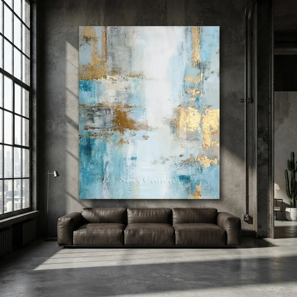 Handpainted Blue & Gold Foil Abstract Oil Painting #ZC 41