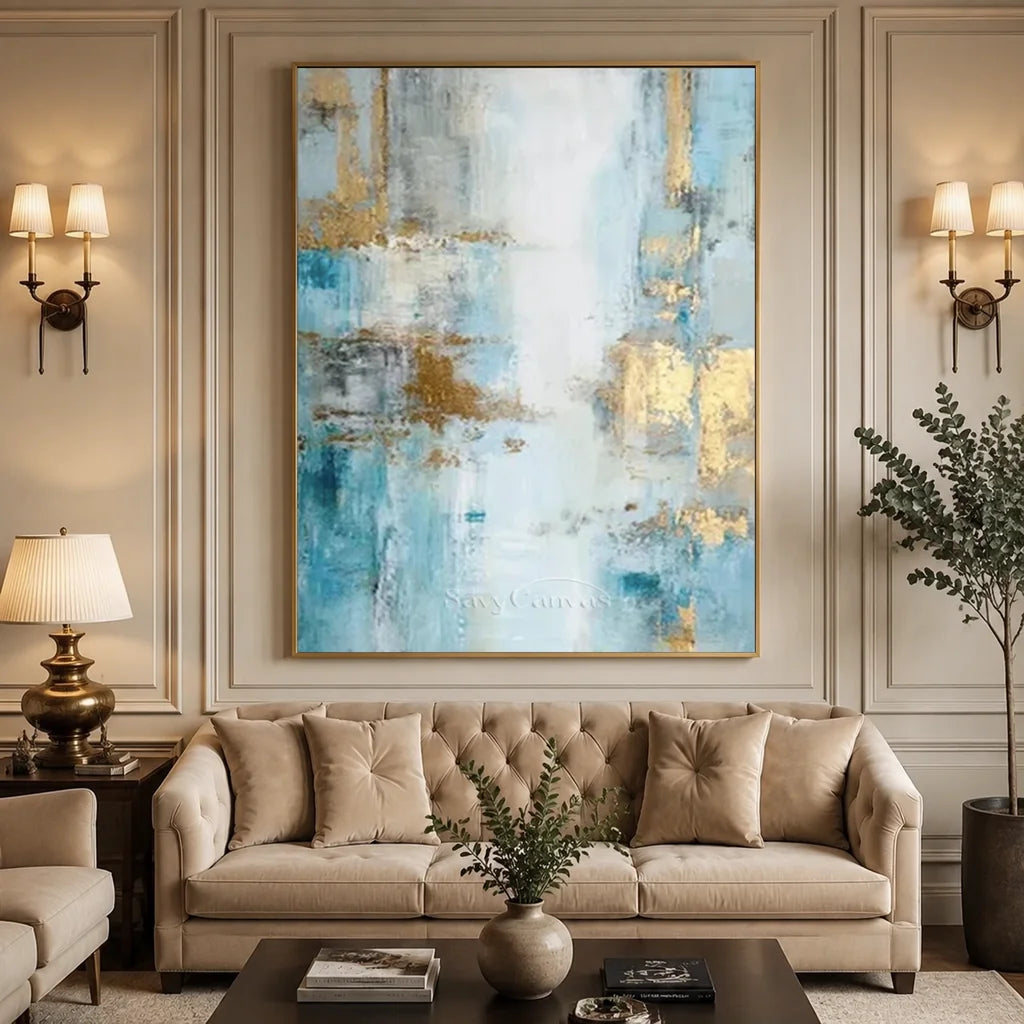 Hand-painted blue and gold foil abstract oil painting with heavy texture for modern wall decor