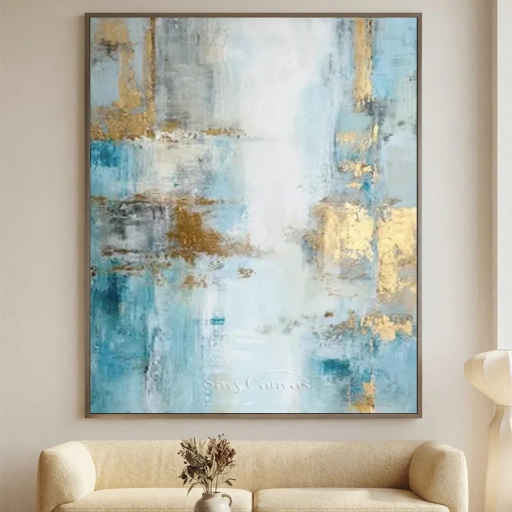 Handpainted Blue & Gold Foil Abstract Oil Painting #ZC 41