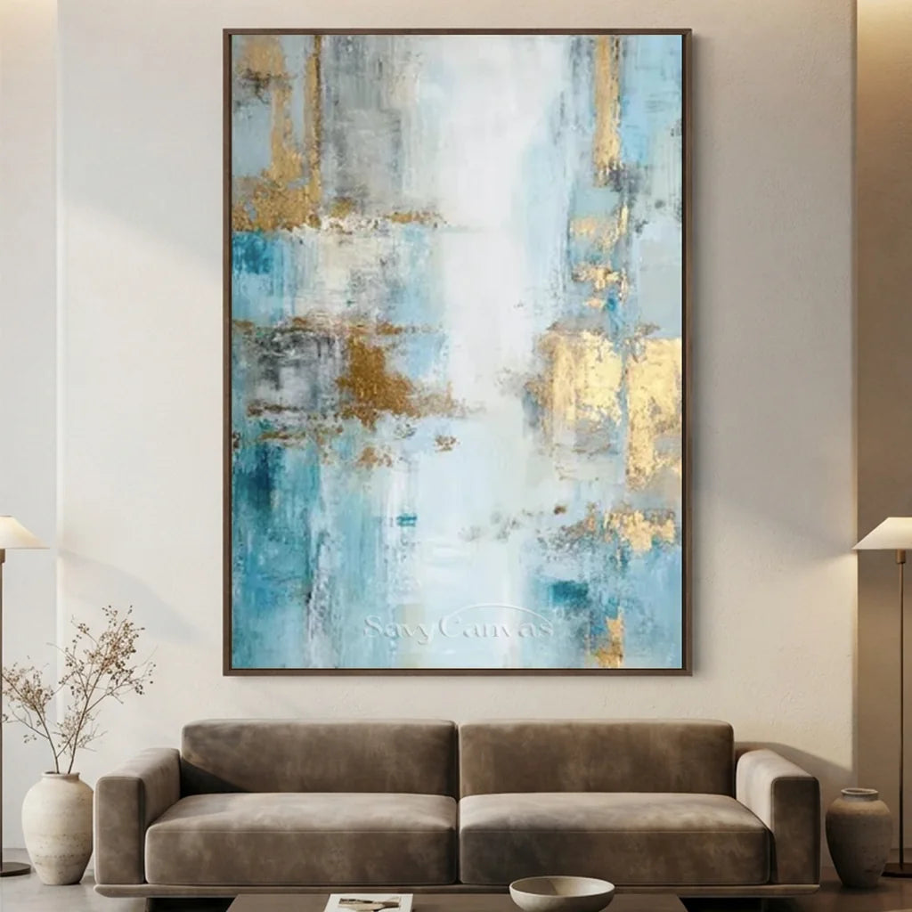 Handpainted Blue & Gold Foil Abstract Oil Painting #ZC 41