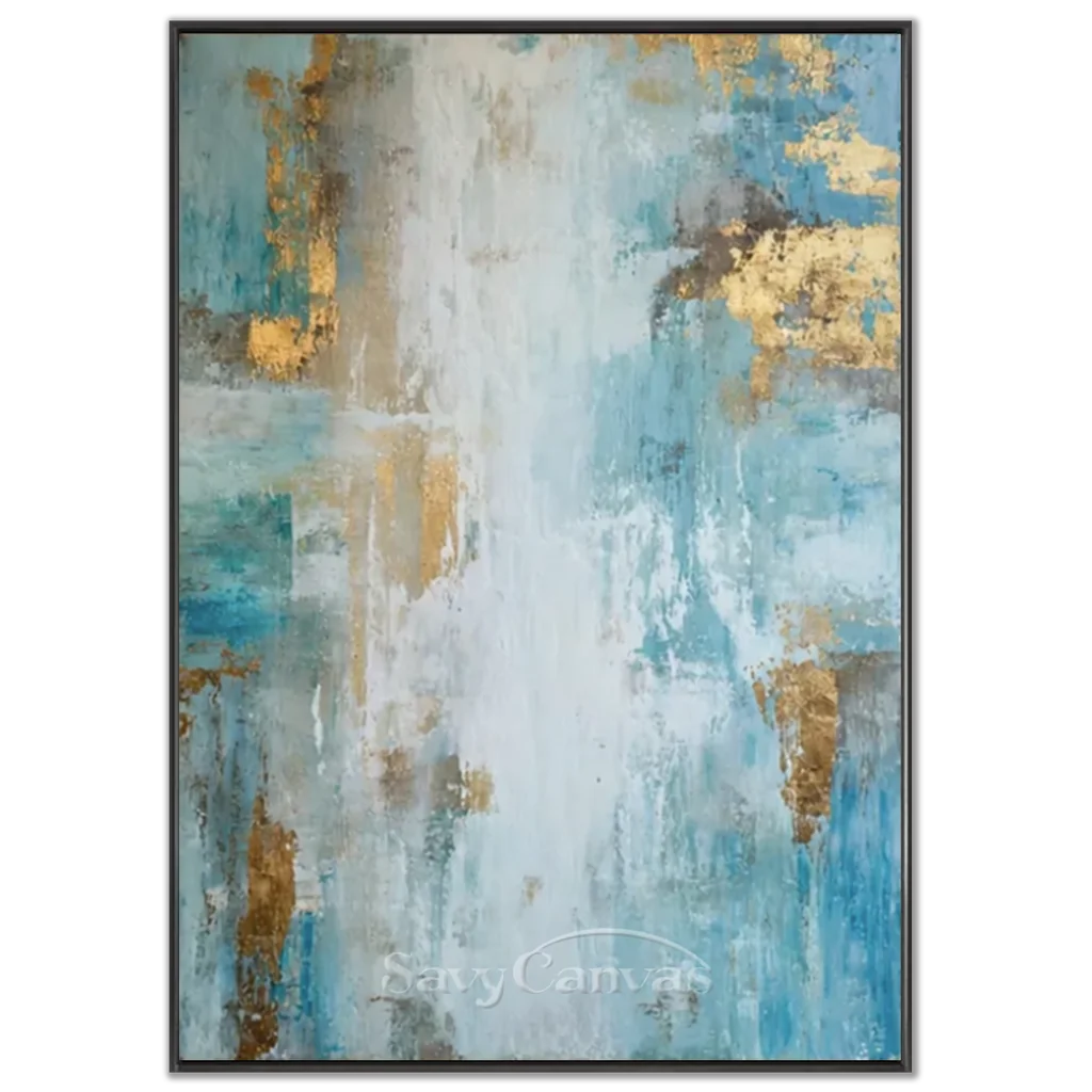 Hand-painted abstract blue and gold textured oil painting with heavy impasto on canvas, perfect for modern living room wall decor.