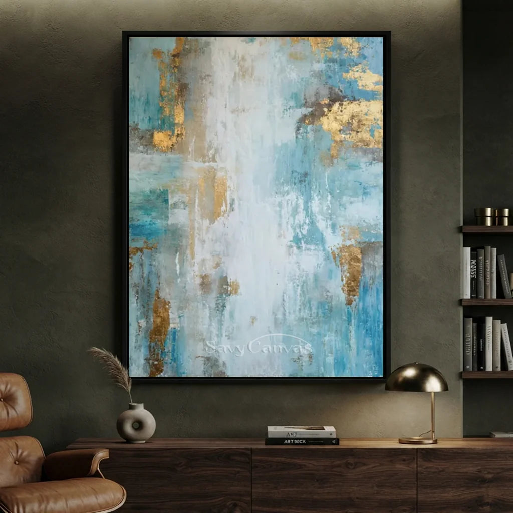 Hand-Painted Abstract Blue Gold Textured Oil Painting #ZC 40