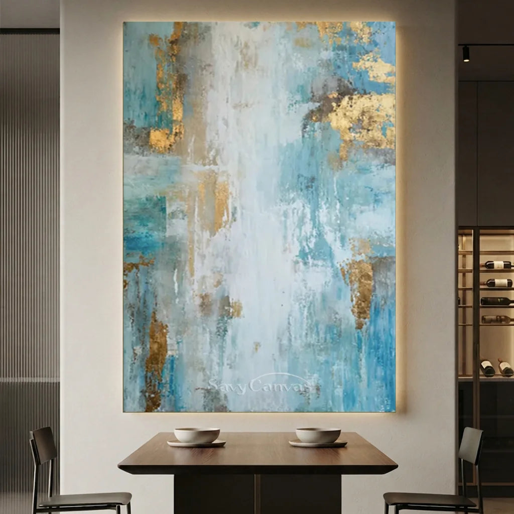 Hand-Painted Abstract Blue Gold Textured Oil Painting #ZC 40