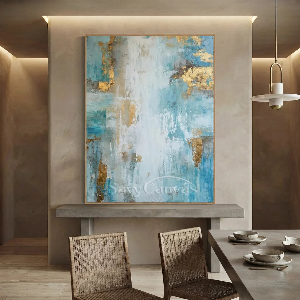 Hand-Painted Abstract Blue Gold Textured Oil Painting #ZC 40