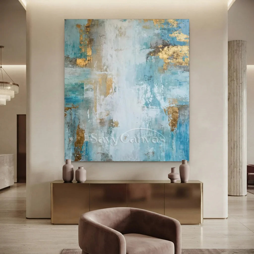 Hand-Painted Abstract Blue Gold Textured Oil Painting #ZC 40