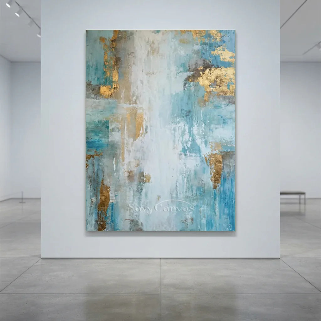 Hand-Painted Abstract Blue Gold Textured Oil Painting #ZC 40