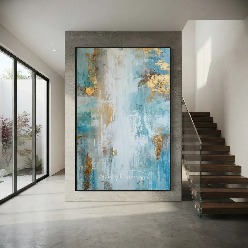 Hand-Painted Abstract Blue Gold Textured Oil Painting #ZC 40
