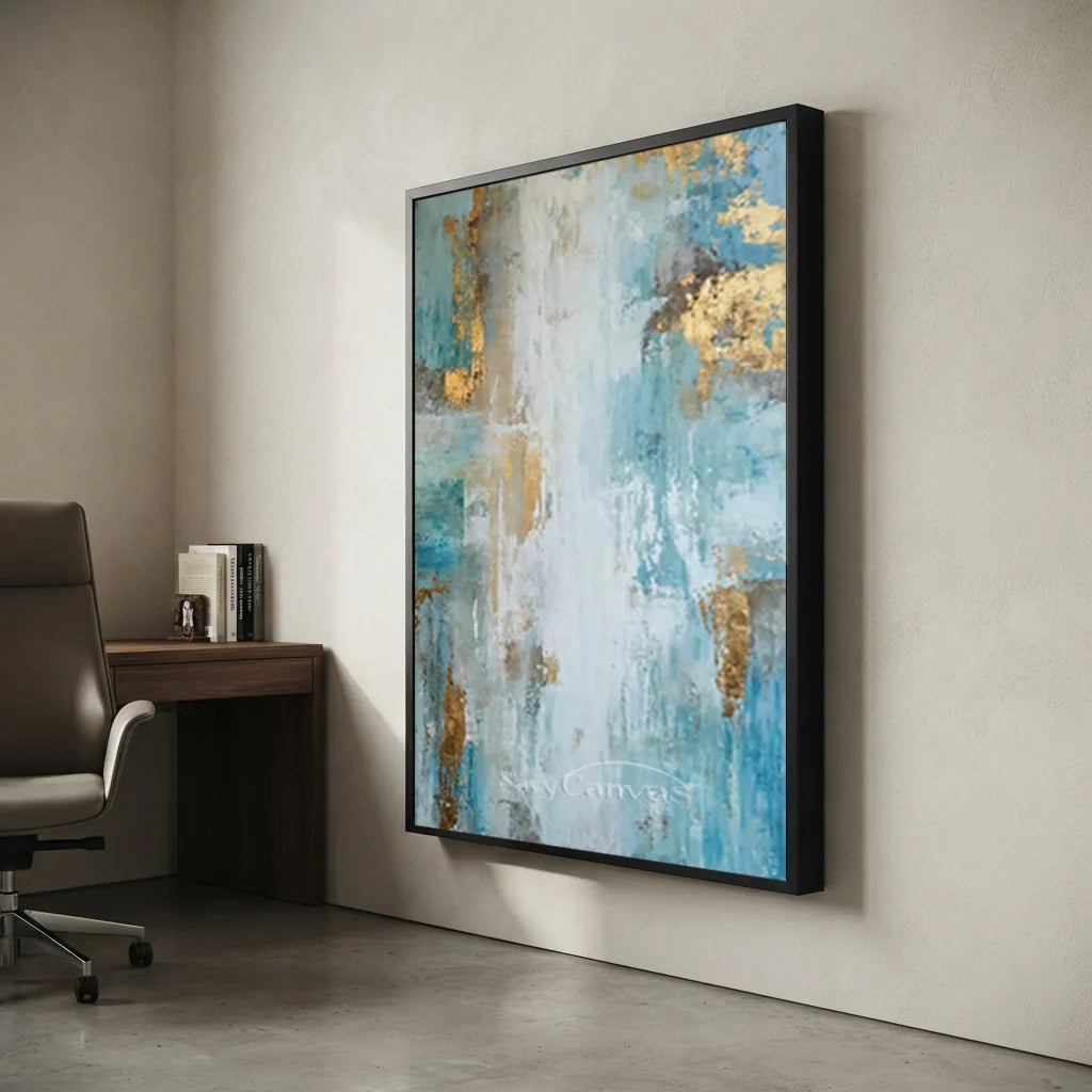 Hand-Painted Abstract Blue Gold Textured Oil Painting #ZC 40