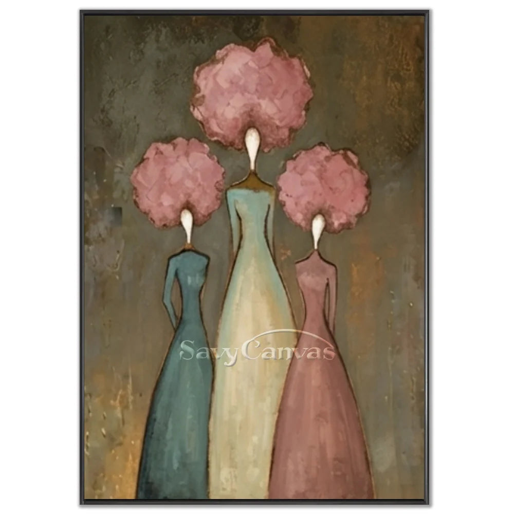 Hand-painted abstract expressionist oil painting featuring three elegant figures with pink floral cloud heads in teal, green, and dusty rose tones by Savy Canvas.