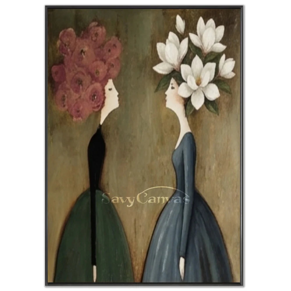 Hand-painted abstract expressionist oil painting featuring two twin figures with pink and white floral headpieces in dark green and blue gowns against a textured background by Savy Canvas.