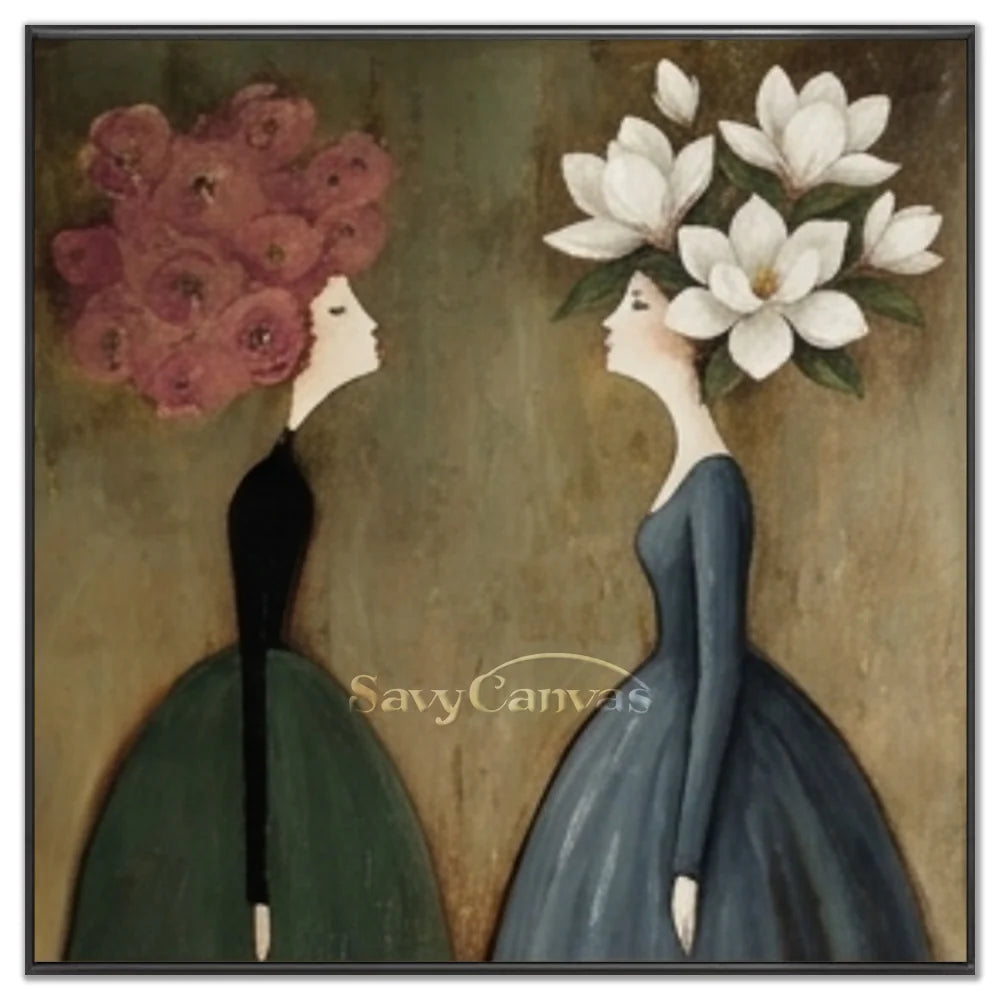 Hand-painted surrealist oil painting on canvas featuring two elegant female profiles with heads made of magenta roses and white magnolias, set against a muted, vintage background.