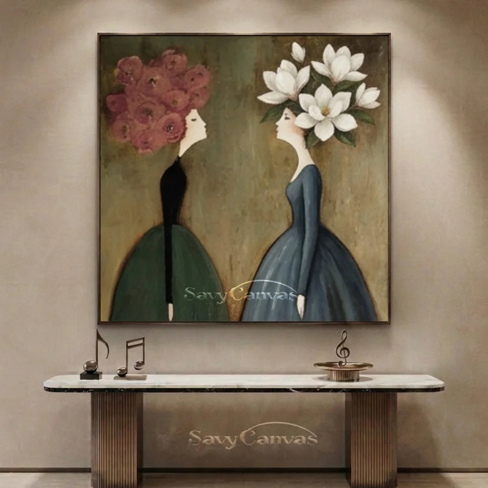 Surreal Floral Portrait Handmade Oil Painting - Vintage Style Wall Art #SS 301