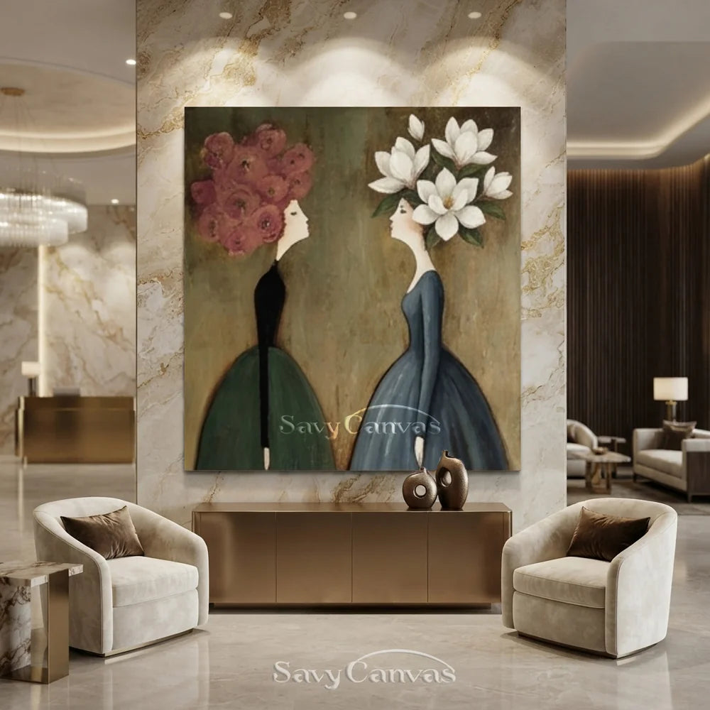 Surreal Floral Portrait Handmade Oil Painting - Vintage Style Wall Art #SS 301