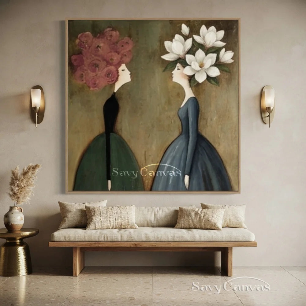 Surreal Floral Portrait Handmade Oil Painting - Vintage Style Wall Art #SS 301