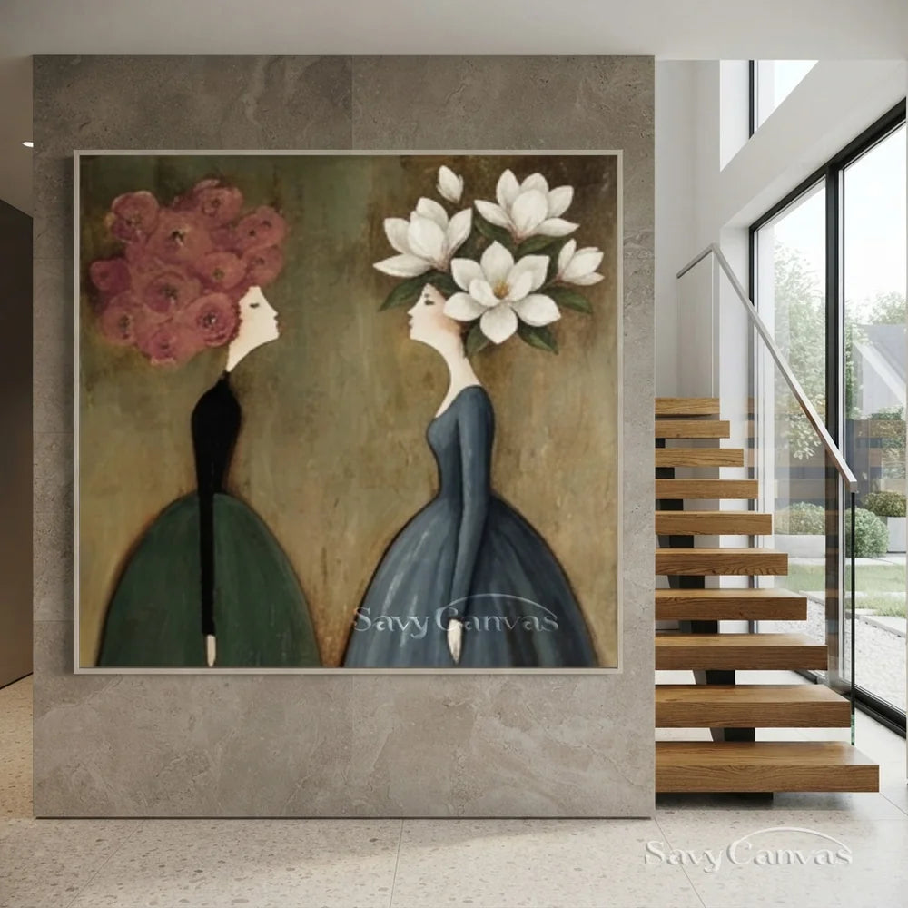 Surreal Floral Portrait Handmade Oil Painting - Vintage Style Wall Art #SS 301