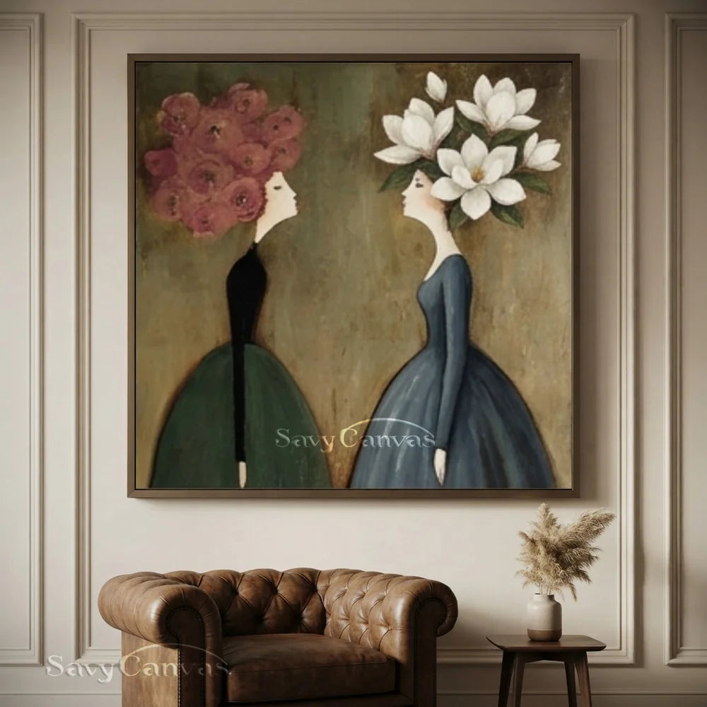 Surreal Floral Portrait Handmade Oil Painting - Vintage Style Wall Art #SS 301