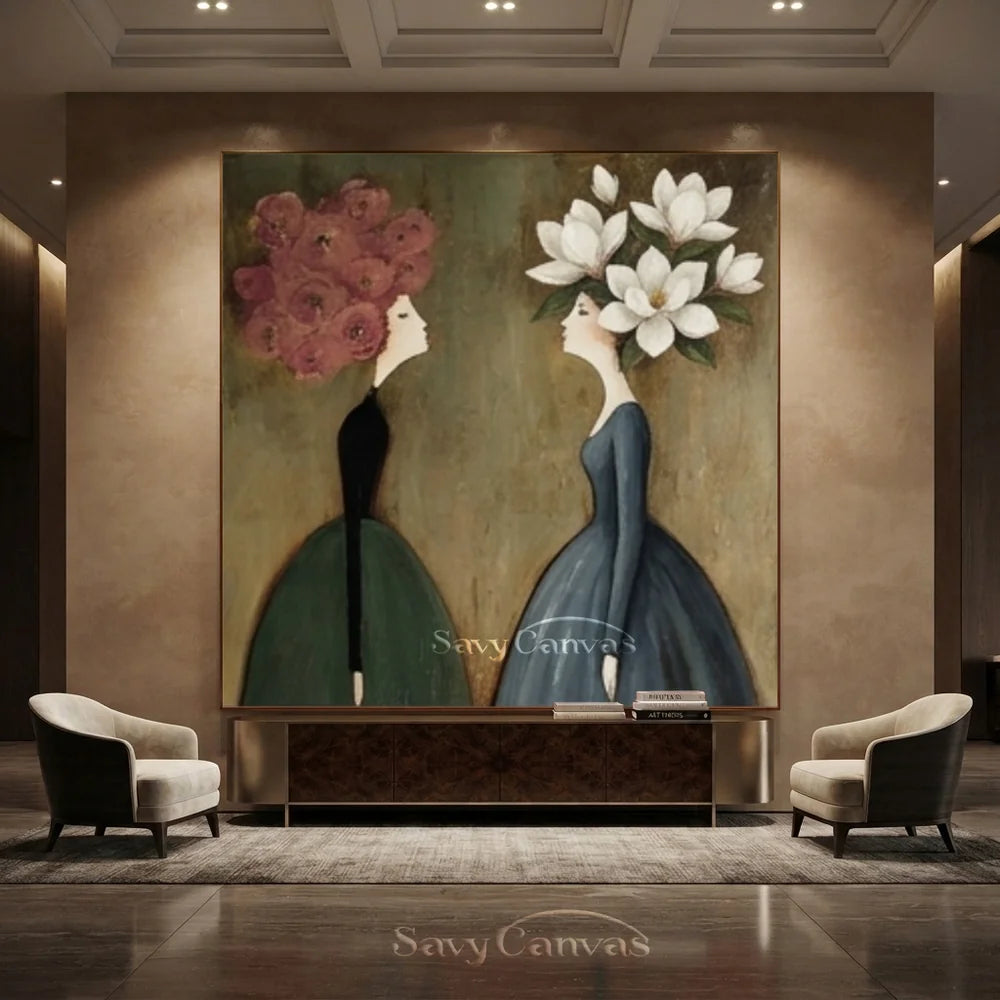 Surreal Floral Portrait Handmade Oil Painting - Vintage Style Wall Art #SS 301