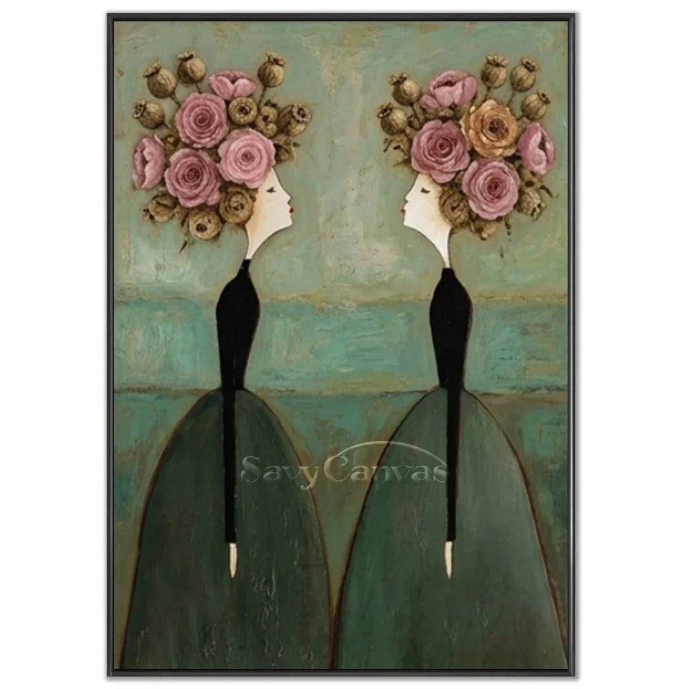 Hand-painted abstract expressionist oil painting featuring two elegant twin figures with lush pink floral and botanical headpieces against a textured teal background by Savy Canvas.