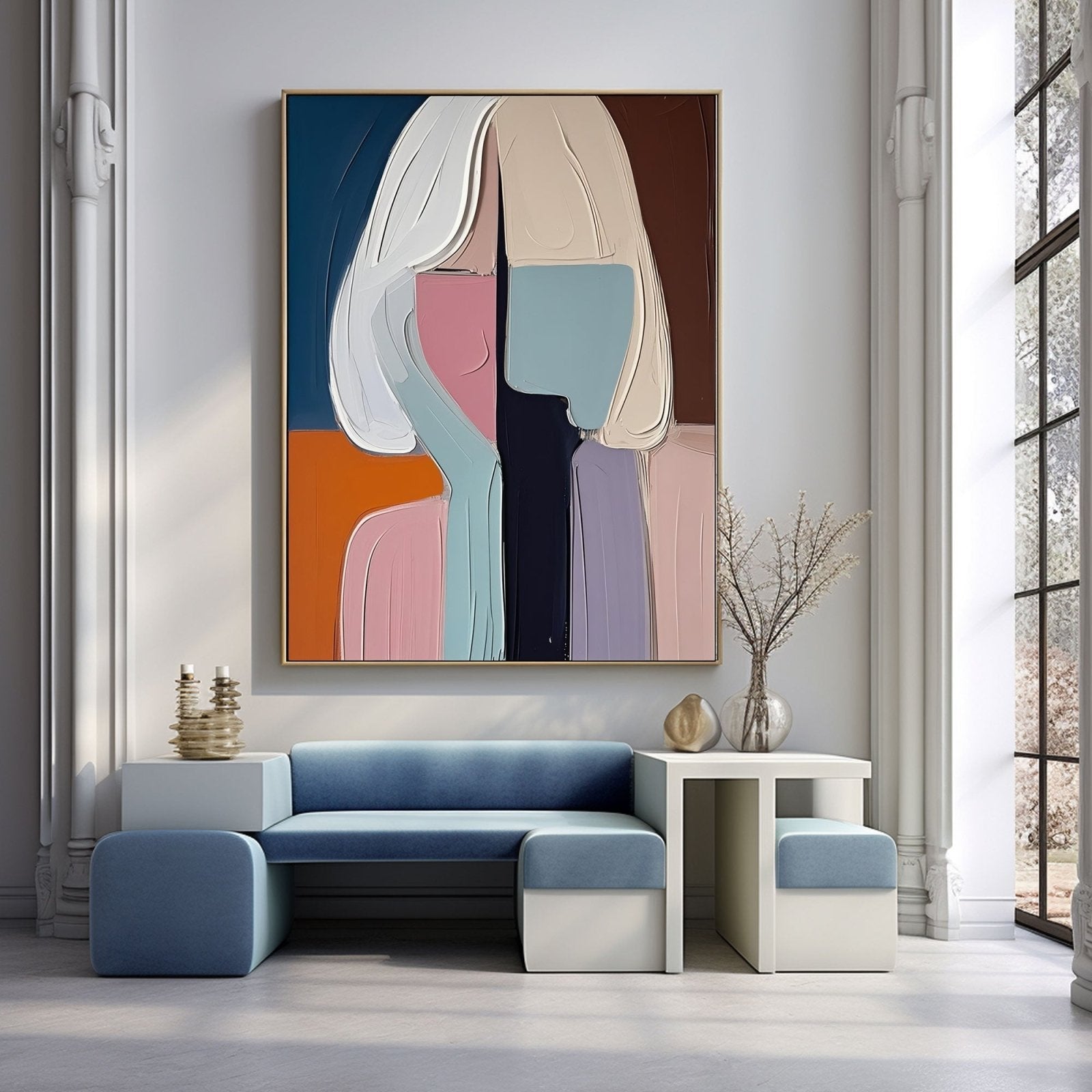 Pastel Abstract Figure Canvas | Blue, Pink & Orange Wall Art #AA 431
