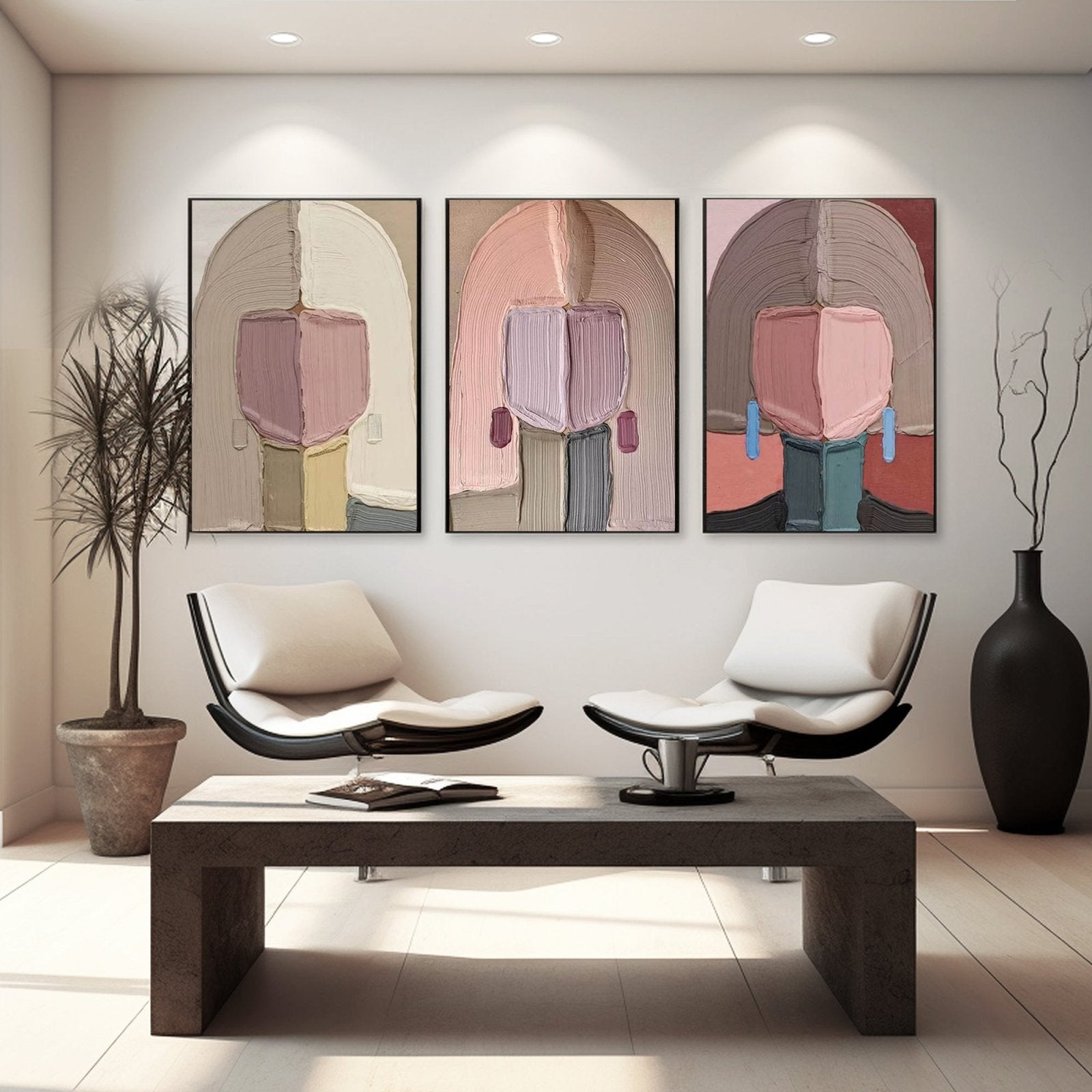 Pastel Abstract Portrait Set of 3 | Pink & Beige Canvas Art #AA 448