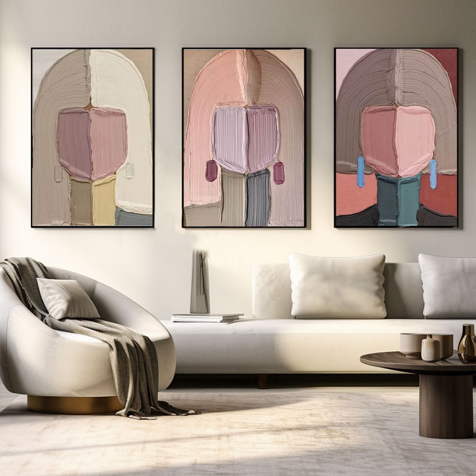 Pastel Abstract Portrait Set of 3 | Pink & Beige Canvas Art #AA 448