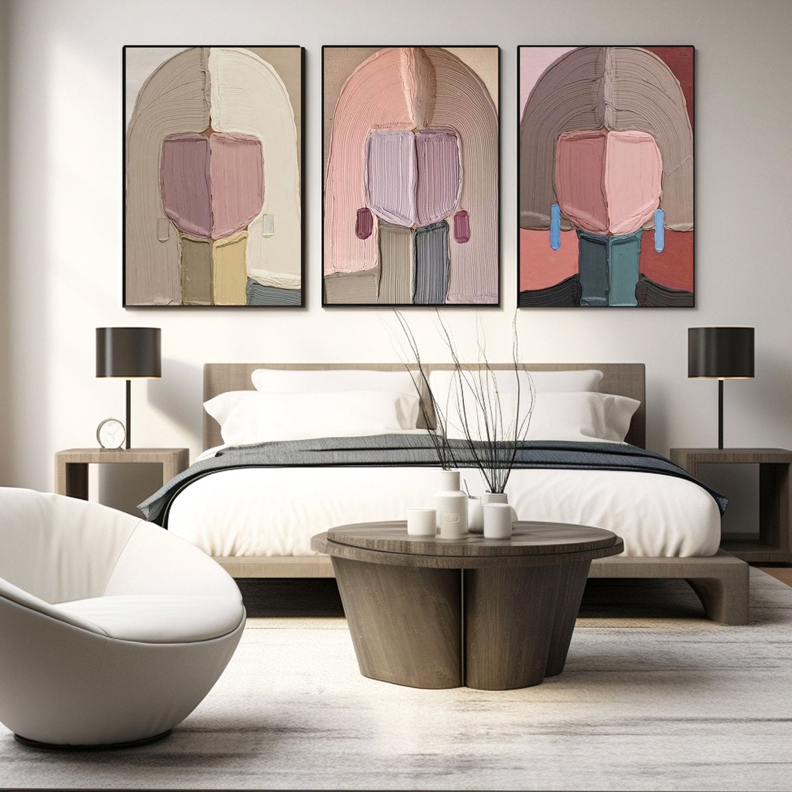 Pastel Abstract Portrait Set of 3 | Pink & Beige Canvas Art #AA 448