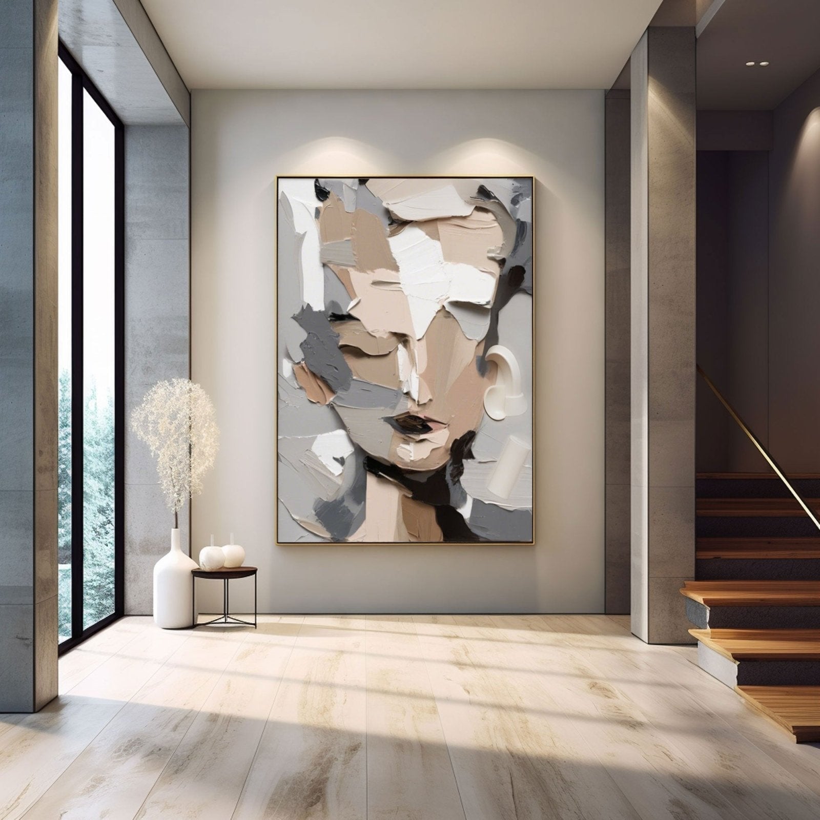 Grey and Beige Abstract Face Art | Neutral Modern Canvas #AA 452