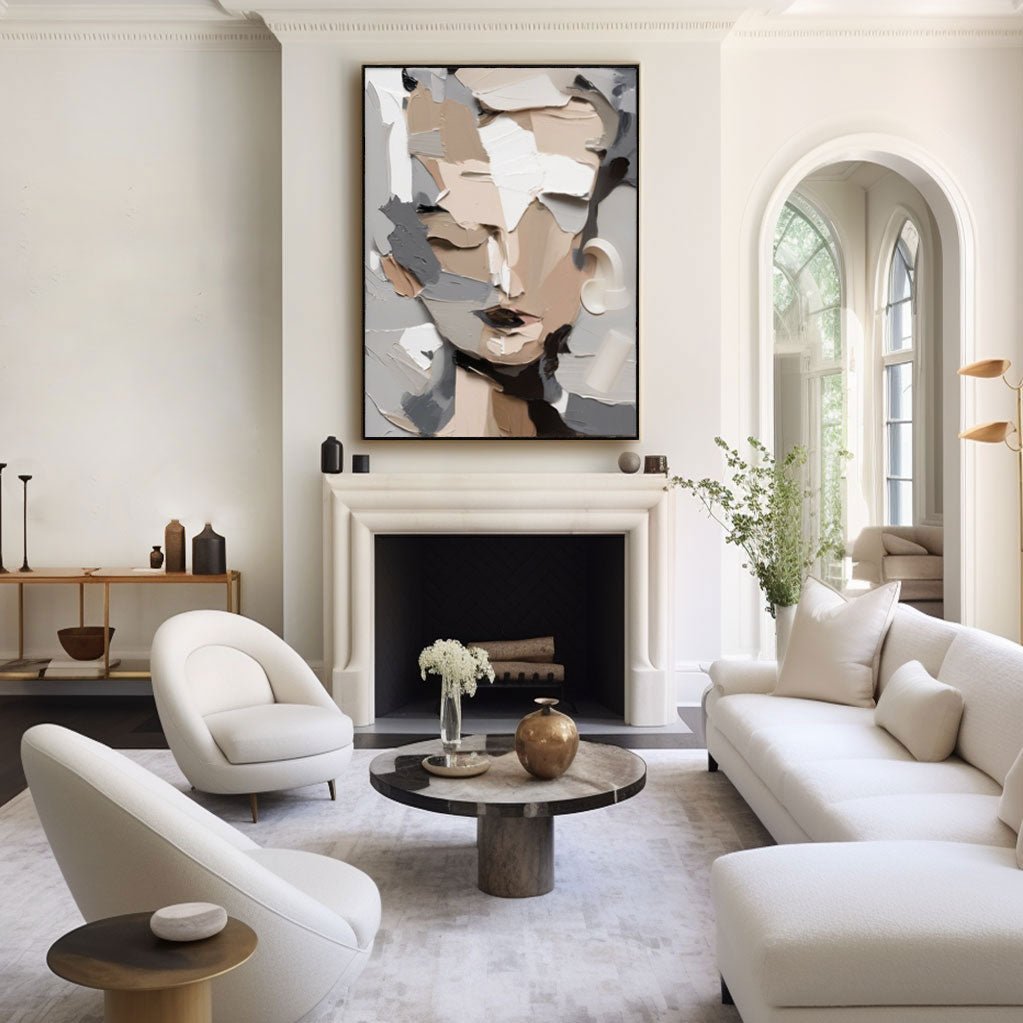 Grey and Beige Abstract Face Art | Neutral Modern Canvas #AA 452